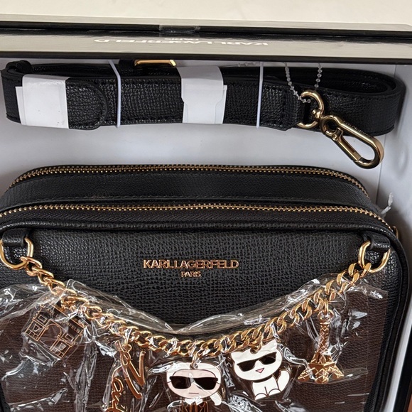 Karl Lagerfeld Black Textured Camera Cross Body Bag with Gold Tone Charms.  NWT - Picture 3 of 14